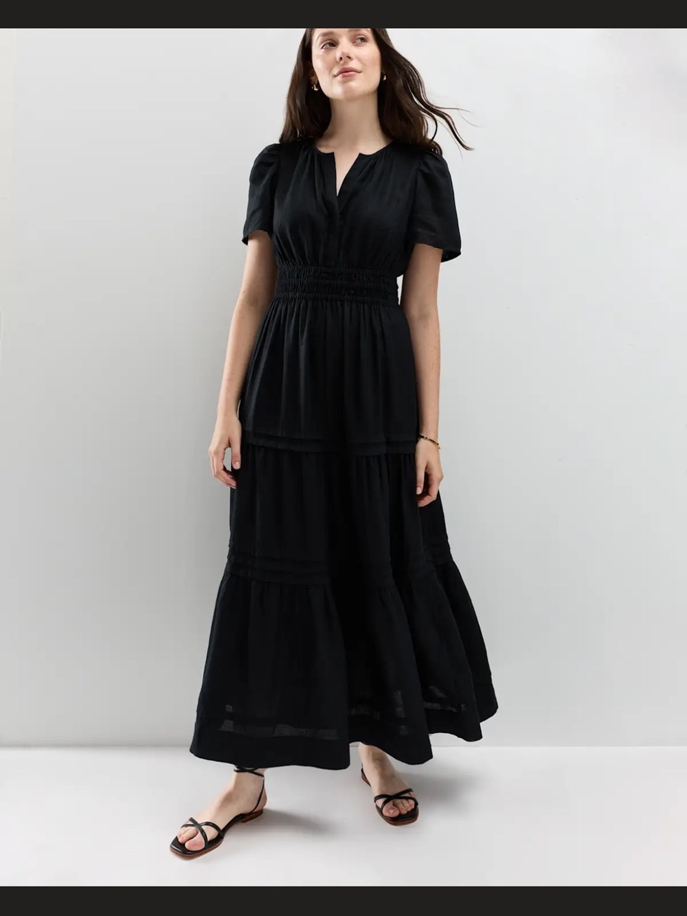 Quince Black Tiered Maxi Dress with Smocked Waist